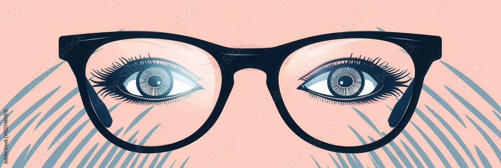 Poster eyeglasses are prominently displayed against a unique background featuring artistic, oversized styli