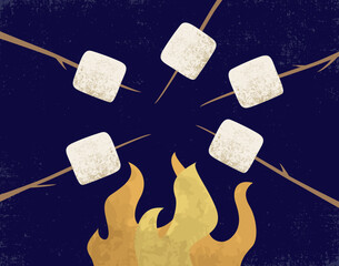 Toasting marshmallows over an open fire, in a cut paper style with textures
