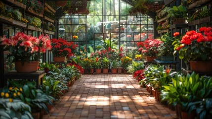 A lush indoor flower garden with beautiful green plants and flowers.