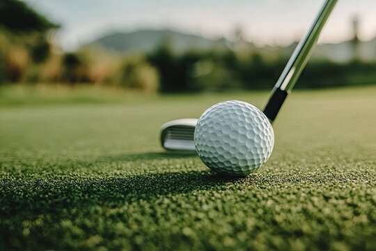 Close-up of golf club and ball on green 