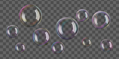 Water bubbles float in a isolated background. Soap suds texture ball with rainbow colors. Realistic clean clear shampoo foam purified water. Bathroom beads, bath bomb, soapy fun, and laundry poster