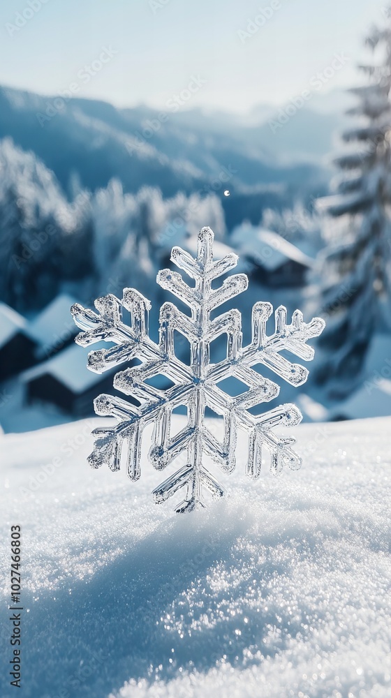 Poster a sparkling snowflake ornament sits on a snowy mountaintop with a village and trees in the backgroun