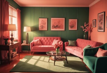 modern living room with pink sofa
