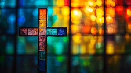 A beautifully crafted stained glass cross with vibrant colors against a blurred bokeh background, capturing the spirit of faith, hope, and artistic expression.