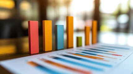 A set of colorful bar charts elegantly displays statistical data on a table. The bars are distinct in color and height, portraying an informative visualization.