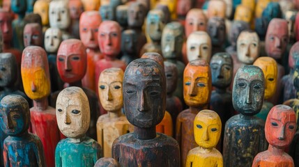 Fototapeta premium A diverse set of wooden figures stands together, each uniquely painted with distinct colors and expressions, representing cultural diversity and human connection.