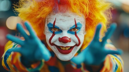 A vibrant clown with expressive face paints reaches towards the camera with a playful gesture, highlighting both theatricality and joy. The costume is colorful and engaging.
