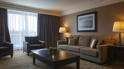 Spacious and cozy living room features a comfortable sofa, ambient lighting, and modern furnishings, offering an inviting and relaxed atmosphere for all.
