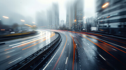 Fototapeta premium A blurry image of a city street with cars and buildings in the background. The image has a sense of motion and energy, as if it were captured in a fast-moving moment