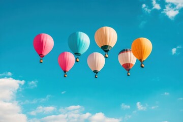 Fototapeta premium A vibrant collection of hot air balloons drifts peacefully against a clear blue sky, creating a joyful spectacle during the afternoon. Generative AI