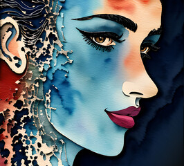 Woman art in waves tangled surrealism .creative abstract illustration.generative ai