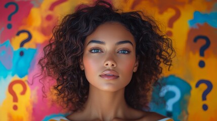 A striking portrait of a woman surrounded by colorful question marks in the background, symbolizing curiosity, mystery, and the quest for knowledge in a vibrant setting.