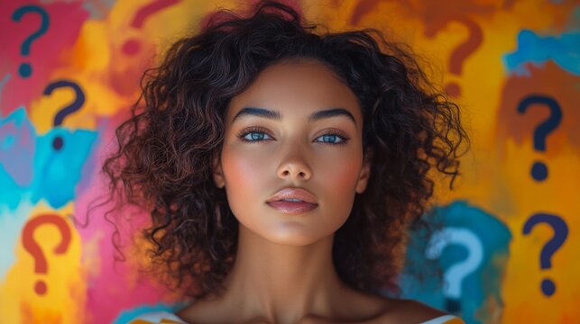 A striking portrait of a woman surrounded by colorful question marks in the background, symbolizing curiosity, mystery, and the quest for knowledge in a vibrant setting.