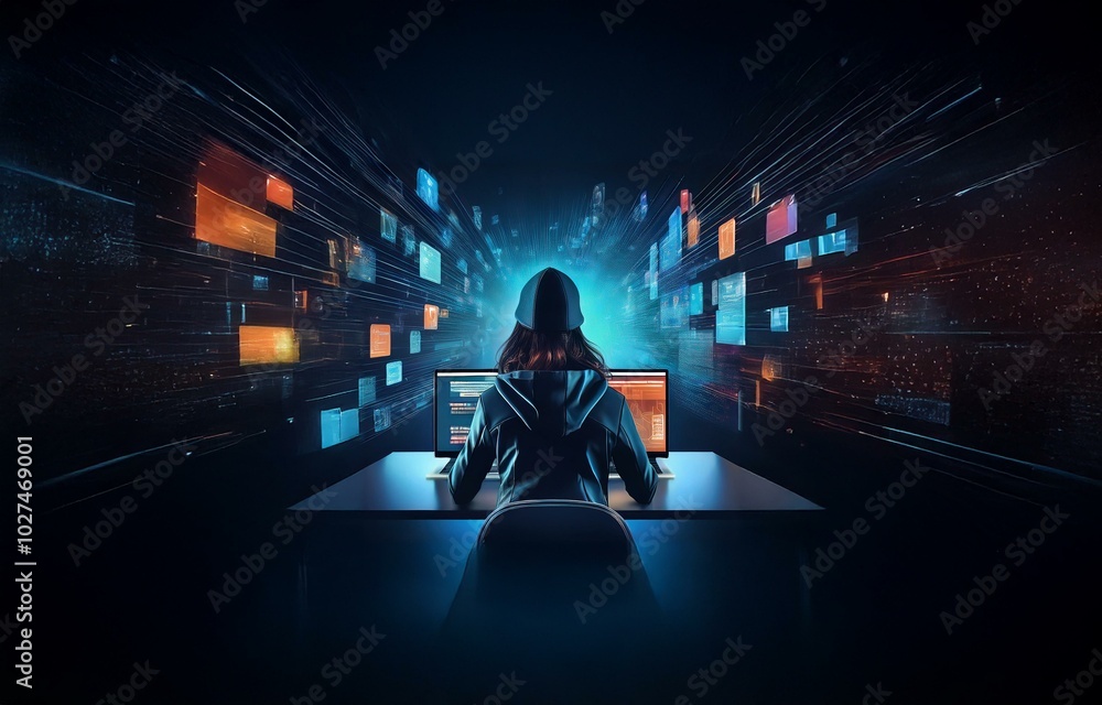 Poster a hooded figure sits at a computer in a dark room, the screen glowing against a background of swirli