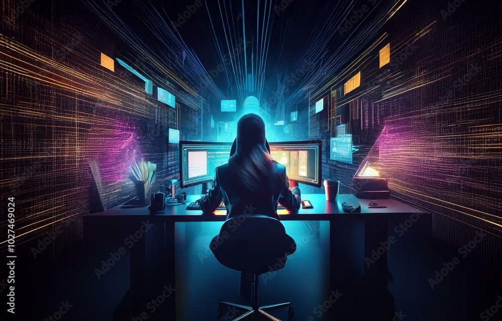 Poster a person in a dark hoodie sits at a desk in front of a computer screen, surrounded by a digital, glo