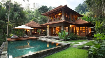 A luxurious villa surrounded by lush tropical plants and trees, featuring a serene pool area and a comfortable outdoor lounge for peaceful relaxation.