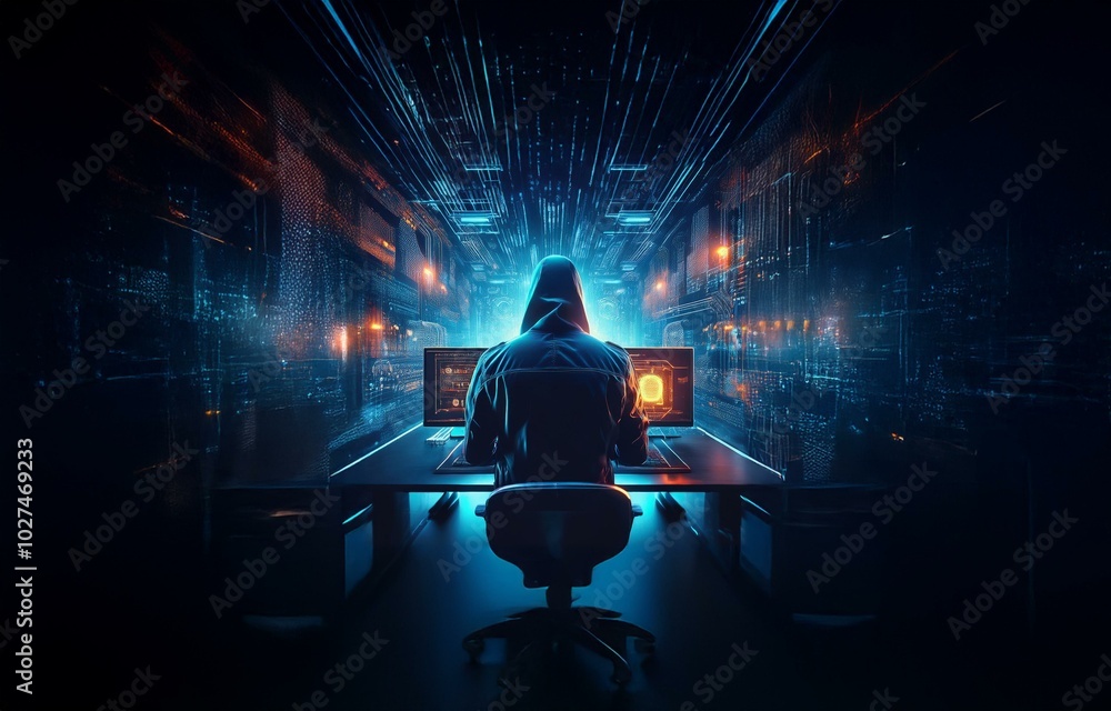 Poster A hooded figure sits at a desk in front of two computer monitors in a dark room.  The monitors are displaying glowing blue and orange digital patterns.