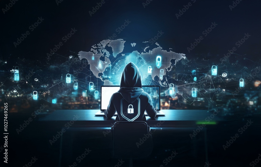 Poster a hooded figure sits at a desk, working on a laptop. a glowing world map with lock symbols is behind