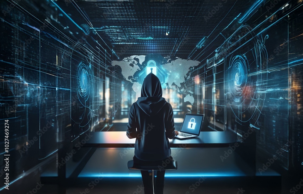 Poster a hooded figure sits at a desk in a dark room, typing on a laptop. a glowing, digital world map with