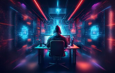 A hooded figure sits in front of a computer, glowing with red and blue light, in a dark room.