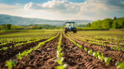 Obraz premium A tractor drives through a muddy field. The sky is cloudy, the sun is setting. Agriculture, gardening concept.