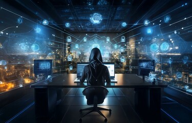 A hooded figure sits in front of a computer, surrounded by glowing digital shapes and lines.