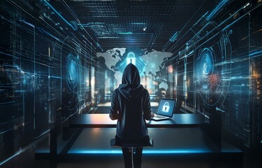A hooded figure sits at a desk in a dark room, typing on a laptop. A glowing, digital world map with a padlock icon hangs in the background.