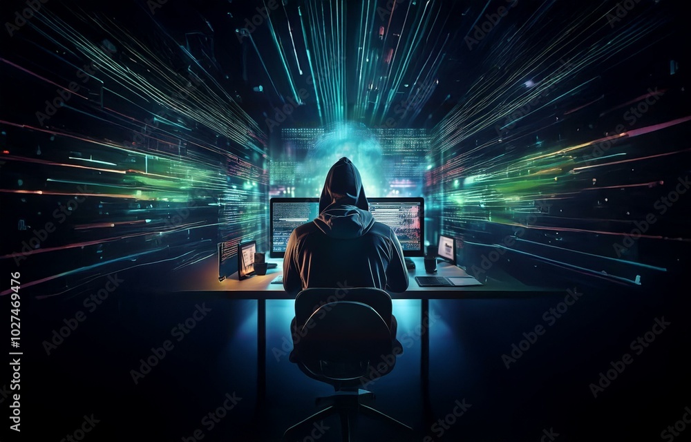 Poster A hooded figure sits at a desk in a dark room, working on a computer with glowing lines of code.