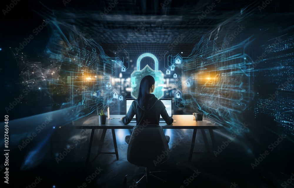 Poster a person sits in a dark room, facing two laptops while a glowing blue padlock and abstract lines flo