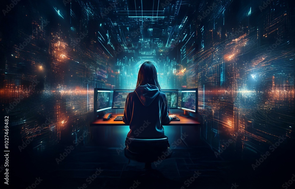 Poster a hooded figure sits at a desk in a dimly lit room, facing multiple computer monitors displaying abs