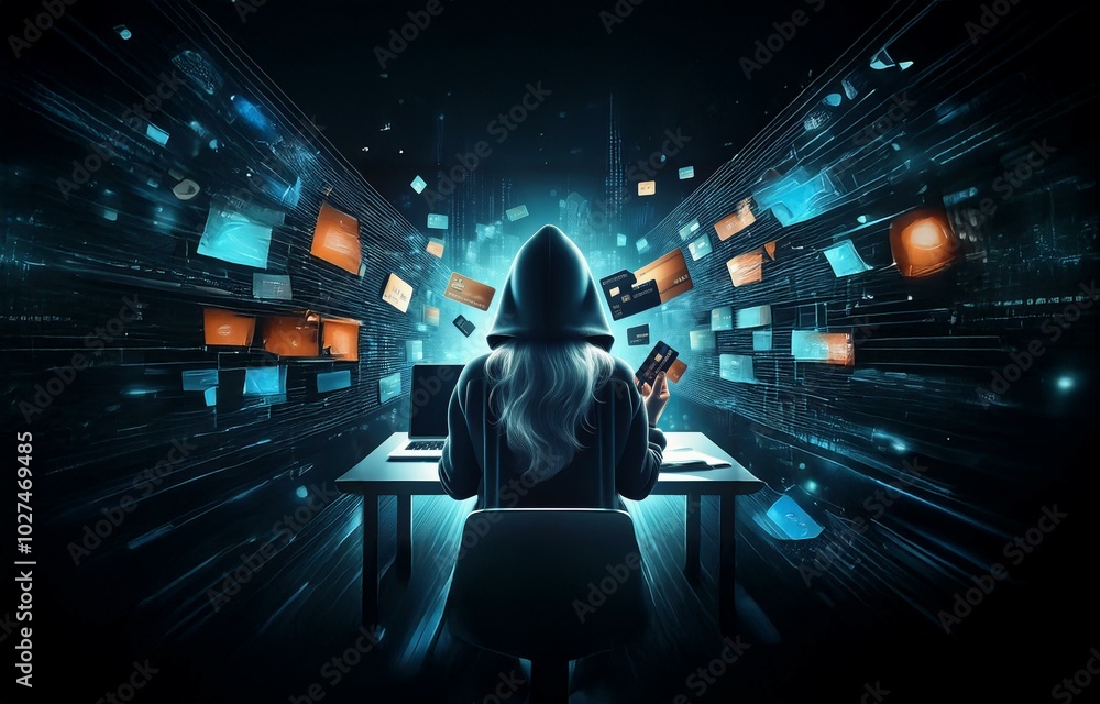 Poster a hooded figure sits at a desk with a laptop, holding a credit card in front of a digital background