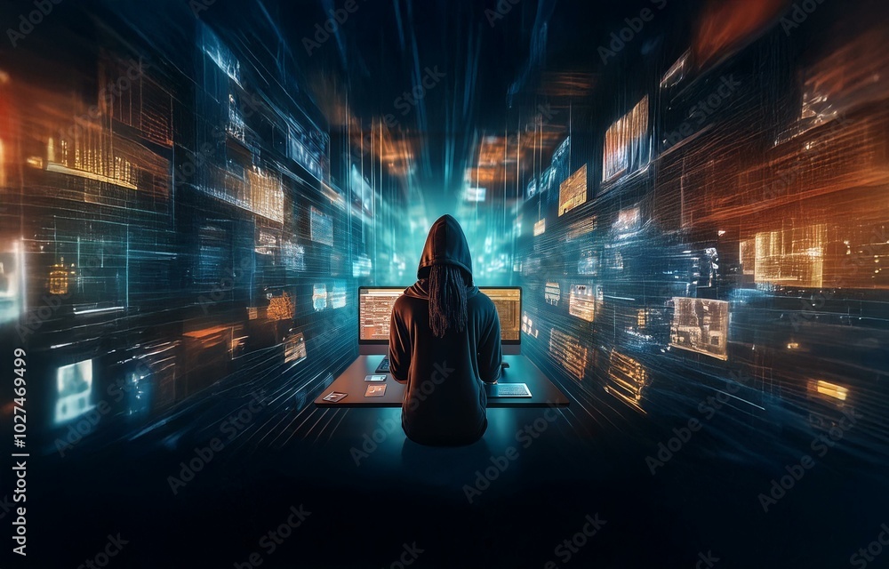 Poster A hooded figure sits at a desk, working on a computer in a dark room, surrounded by a digital matrix of glowing lines and code.