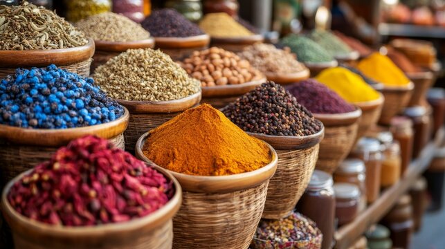 A bustling spice market features an array of colorful spices, showcasing the diversity and richness of global flavors and culinary inspirations.