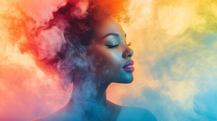 A surreal artistic image showing a woman's profile enveloped in colorful smoke, creating a dreamy and imaginative atmosphere full of mystery and allure.