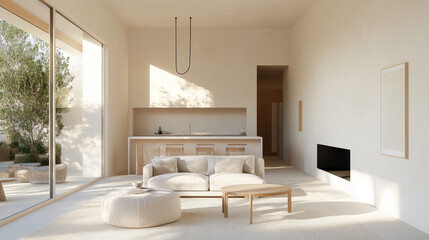 Fototapeta premium A serene and modern living space featuring light colored sofa, round coffee table, and minimalist design. large windows allow natural light to fill room, creating warm and inviting atmosphere