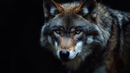 Fototapeta premium Intense grey wolf staring on black background