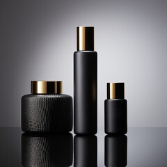 Obraz premium Luxury skincare, photography editorial style, high-end unique luxury glass bottle packaging. Black brand colors, modern sleek minimalism.