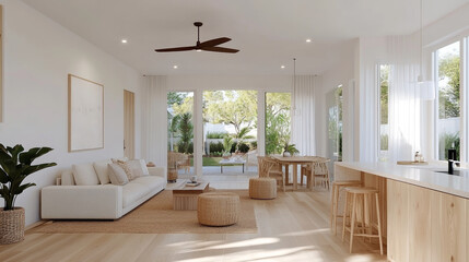 A bright and airy modern living room features cozy sofa, wooden dining table, and large windows that invite natural light. serene atmosphere is enhanced by indoor plants and stylish ceiling fan