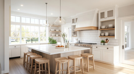 Fototapeta premium A bright and modern kitchen featuring large island with bar stools, white cabinetry, and ample natural light streaming through large windows. space is inviting and stylish, perfect for cooking and ent