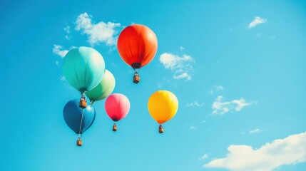 A vibrant group of balloons rises into the sky, creating a cheerful display under the warm sunshine on a clear day. Generative AI