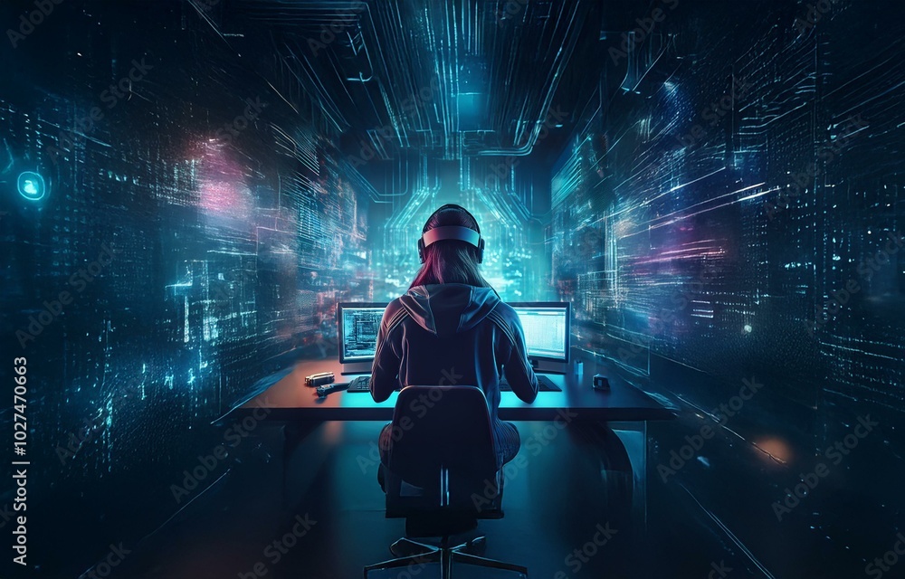 Aufkleber a person sits in a chair, facing a computer with a glowing screen, surrounded by a digital world.