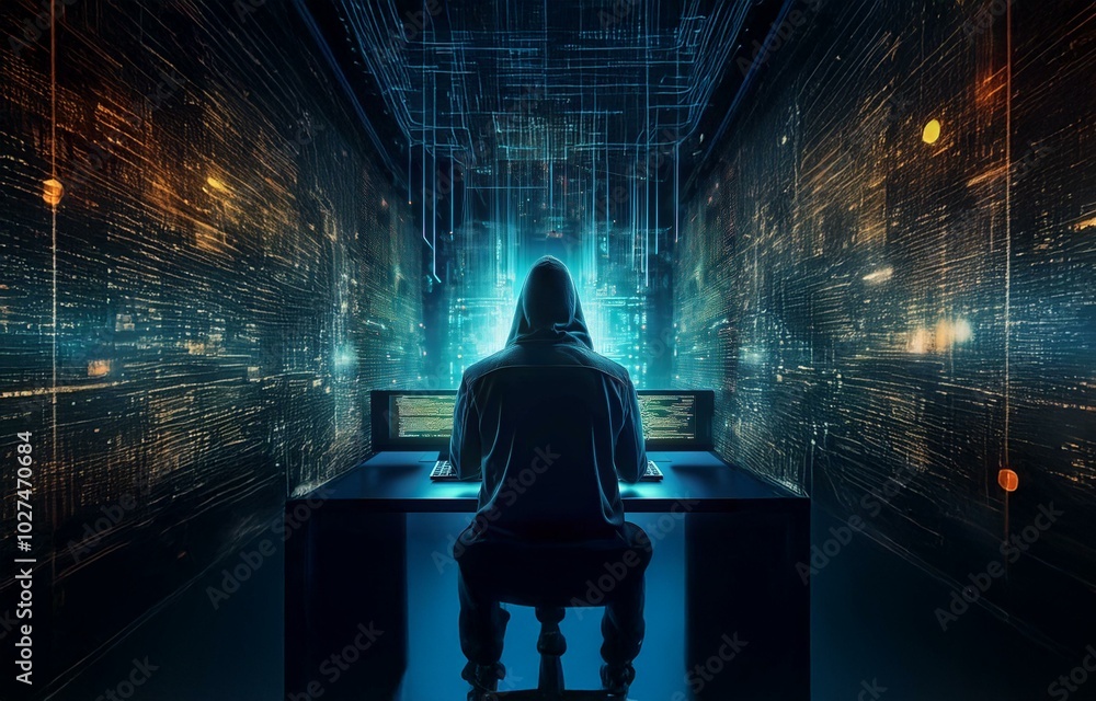 Poster A hooded figure sits at a computer, illuminated by a blue glow. The room is dark with walls covered in code.