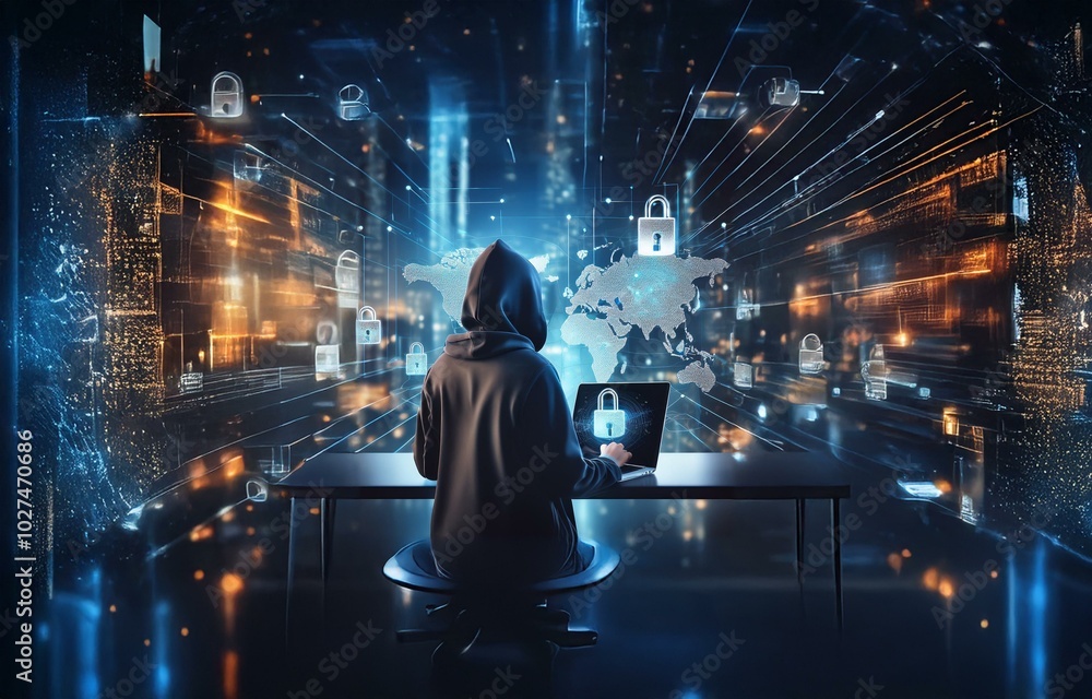 Poster a hooded figure sits at a desk with a laptop, against a background of glowing lines and a digital wo