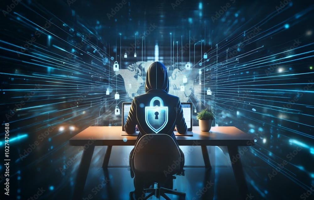 Fototapete A hooded figure sits in front of a computer, with a glowing lock symbol and a world map behind them.