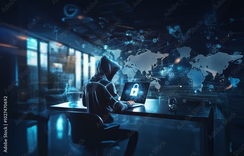 Poster A hooded figure sits at a desk, working on a laptop with a glowing lock icon visible on the screen.  The background features a digital map of the world and network connections.