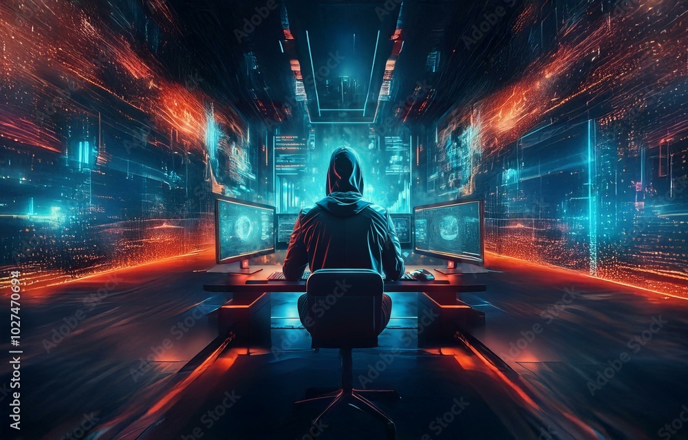 Poster a hooded figure sits at a computer desk in a dark room with glowing blue and red screens.