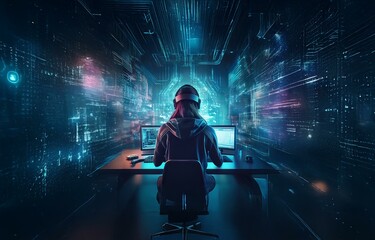 A person sits in a chair, facing a computer with a glowing screen, surrounded by a digital world.