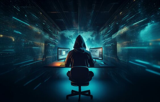 A hooded figure sits at a desk in front of two computer monitors, surrounded by a futuristic, digital world.