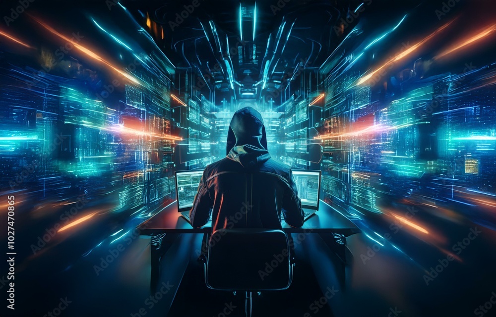 Poster a hooded figure sits at a desk in front of two laptops, surrounded by blue and orange digital stream