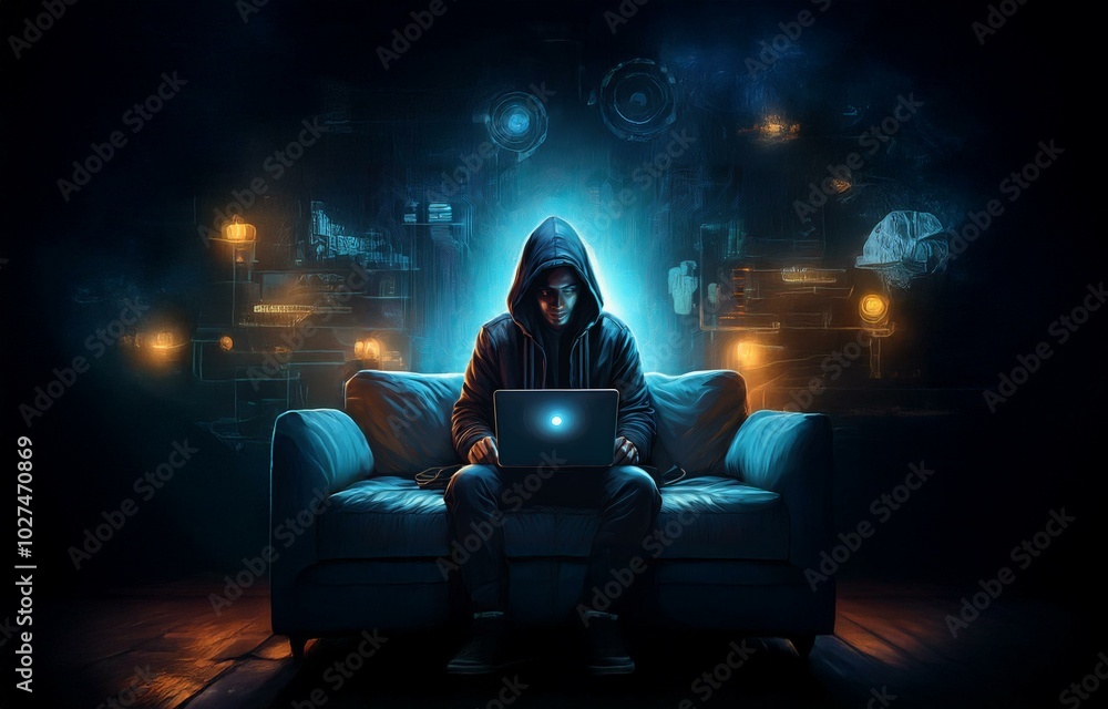 Poster a hooded figure sits on a couch, working on a laptop with a glowing screen, in a dark room illuminat